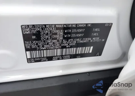 2025 Toyota Rav4 Hybrid Xle from USA, damaged, VIN 2T3RWRFV3SW278421